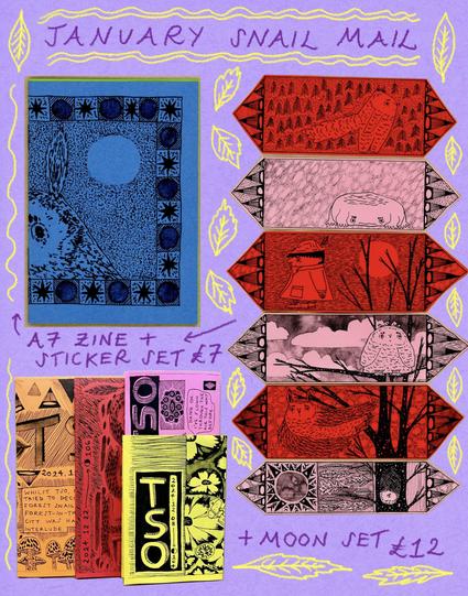 A little a7 zine, a set of illustrated stickers, and a set of zines/comics, all printed on colour paper and featuring many patterns and characters.
