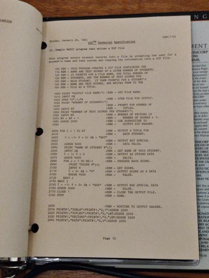 A page of a typewritten document dated Friday, January 28, 1983. The page heading is II. Sample BASIC program that writes a DIF file.