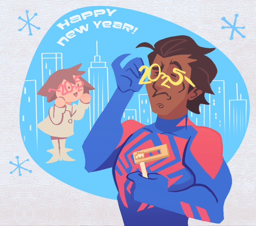 Fanart of Miguel O'Hara and Lyla in the UPA art style. Both are wearing on yellow 2025 New Year's glasses. Miguel holds up a noisemaker and has a puzzled expression as he tries on the glasses. They are against a light blue background with a lined cityscape with text that reads, "Happy New Year!"