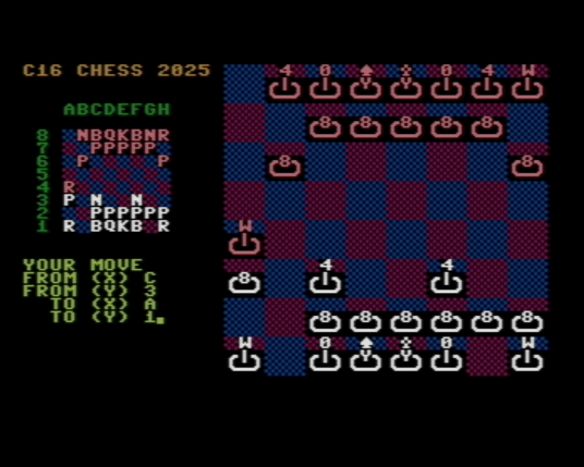 Screenshot of my chess game for the Commodore 16. It shows improved board aesthetic and now using correct chess coordinates standard (abc.../123...).
