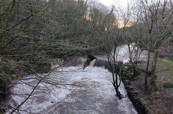 The horseshoe falls at Golcar, on the river Colne.  Photo from the Golcar aqueduct towpath on the Huddersfield narrow canal.