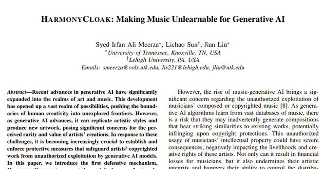 Image of the top of an academic research report paper on a technology called HarmonyCloak "Making Music Unlearnable for Generative AI" published by researchers in University of Tennessee  and LeHigh University