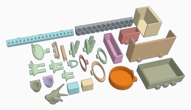 The layout of my custom designed 3D printed Multiboard tool holders as they appear in TinkerCad.