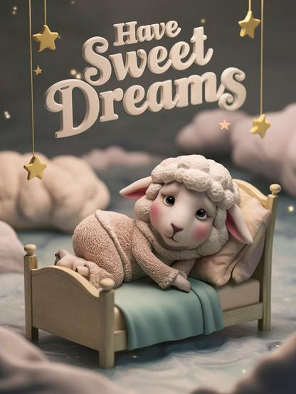 ③«Generated by ideogramai»
(Promotional poster with the words "Have Sweet Dreams" on it), A delightful and adorable 3D rendering of a fluffy sheep, dressed in a cozy pajama set, lying nervously in a comfortable bed. The sheep has a gentle expression, with a glimmer of worry in its eyes as it tries to focus on sleep. The background is a serene, dream-like landscape with stars twinkling and clouds floating by. The overall atmosphere of the image is cozy, cute, and slightly contemplative.
#sheep