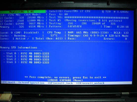 MemTest86+ running on a ThinkPad W510 testing the four 8 GB DIMMs installed, for a total of 32GB of RAM