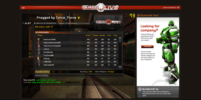 Screenshot of Quake Live Beta, playing a game and looking at the score board from July 2009. The yellow numbers are from an external tool called Fraps and were never featured in the game.