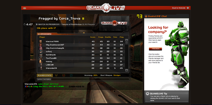 Screenshot of Quake Live Beta, playing a game and looking at the score board from July 2009.  The yellow numbers are from an external tool called Fraps and were never featured in the game.