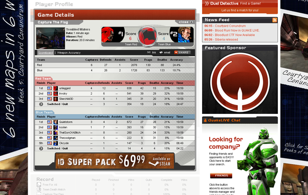 Screenshot of Quake Live Beta's post-game summary from July 2009.