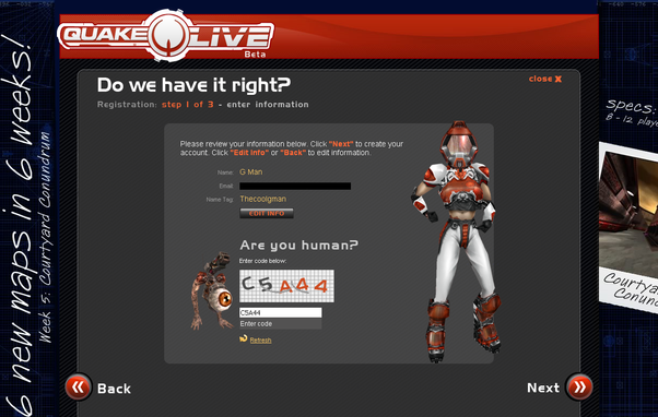 The sign up process for Quake Live Beta, from July 2009.