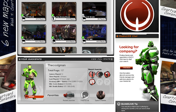 Quake Live Beta's profile and server browser from July 2009.