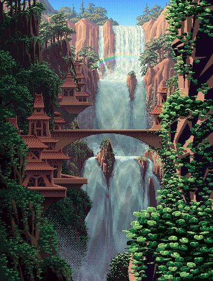 Image from Living Worlds. Pixel art of a waterfall with greenery and a cliffside of red rock. There is what looks like some sort of monastery builtin into the cliffside, with a bridge crossing in front of the waterfall.