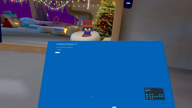 me as niko in vrchat looking at the installing windows 11 screen of my desktop with the steamvr status in the corner showing that it's running vrchat