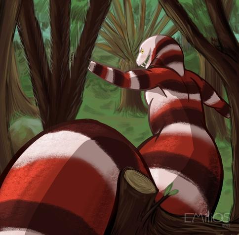 A tricolored naga moving in a forest is looking at you. He is beefy and big. He could eat you if he wanted but doesn't seem like it. A pattern of white, red and brown lines repeats itself on all his snake body but also on his muscular arms that keeps a human shape nevertheless.