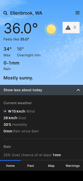 Screenshot of the Bureau of Meteorology weather app showing the temperature at 36 deg C.