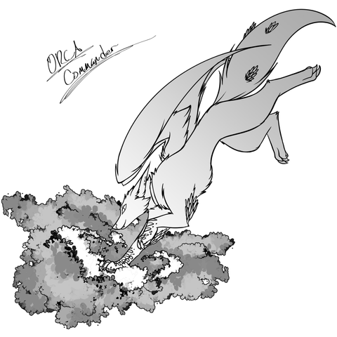 A greyscale image of Amara flying into a leaf pile
