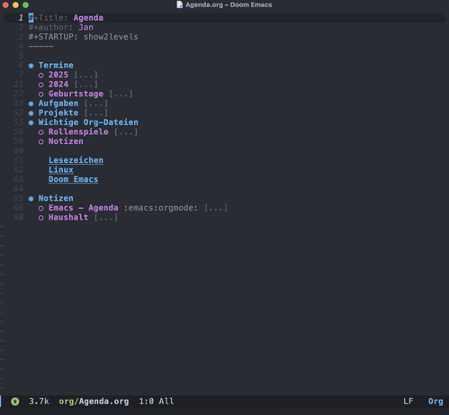 Window of doomemacs. It shows an agenda and some notes in a orgfile.