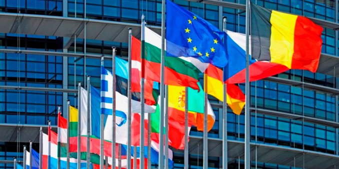 EU flags outside the European Parliament in Strasbourg.