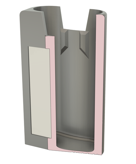 A CAD drawing of a box that holds a flask.  It is open on the top with a notch for the flask cap.  The front side is flat with a recess for the snowman card.  The back side and inside surfaces are curved to the shape of the flask.  There are two thick tabs below the neck designed to grip the flask and keep it from sliding out.