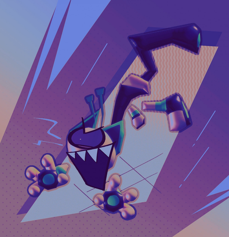 Processed Paint3D model of cat looking alien creature jumping towards bottom left corner with aggressive expression. Background is abstract and empathizes the movement of character.
