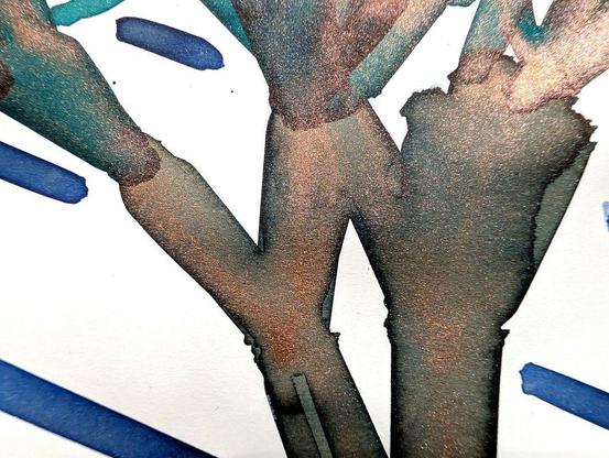 A striking artwork showcasing trees painted with layers of vibrant and textured fountain pen inks. The trees stand against a background of sharp diagonal lines, creating a dynamic interplay between the organic and the structured. The ink forms complex, flowing textures, with earthy tones of red, green, purple, pink, and brown blending seamlessly into shimmering highlights. A unique mix of brush strokes and precise plotting brings depth to the piece, reflecting both natural growth and technological precision. The artwork's rightmost tree is surrounded by splattered ink, evoking a sense of motion or decay, adding emotional complexity to the scene. This 24"x18" piece is a testament to the merging of traditional and innovative art techniques, created with a prototype pen plotter.