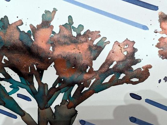 A striking artwork showcasing trees painted with layers of vibrant and textured fountain pen inks. The trees stand against a background of sharp diagonal lines, creating a dynamic interplay between the organic and the structured. The ink forms complex, flowing textures, with earthy tones of red, green, purple, pink, and brown blending seamlessly into shimmering highlights. A unique mix of brush strokes and precise plotting brings depth to the piece, reflecting both natural growth and technological precision. The artwork's rightmost tree is surrounded by splattered ink, evoking a sense of motion or decay, adding emotional complexity to the scene. This 24"x18" piece is a testament to the merging of traditional and innovative art techniques, created with a prototype pen plotter.