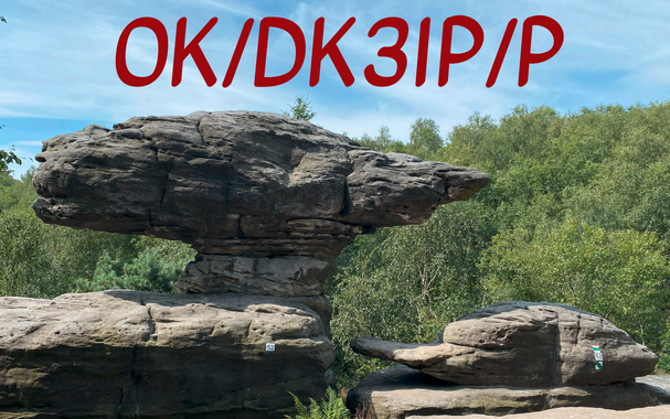 QSL of OK/DK3IP/P with a picture of a stone formation called "Turtle" at the Tisa Rocks in the Czech Republic