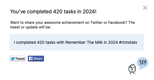 A screenshot which reads "You've completed 420 tasks in 2024" and offers the option of sharing such info on social media.