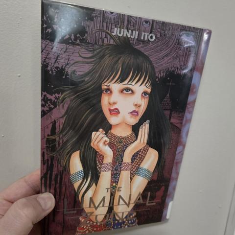 Photograph of a white person's hand holding a hardcover book against a light colored wall. The book is entitled, "The Liminal Zone" with a two faced woman on the cover holding her hands up, one of the faces is crying.
