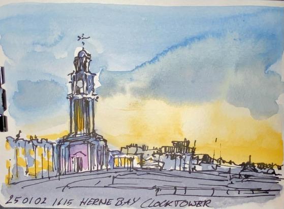 A coloured Sketch of a clocktower with an orange-blueish Sky.