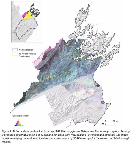 map - Airborne Gamma-Ray Spectroscopy (AGRS) ternary for the Nelson and Marlborough regions. Ternary is produced by variable mixing of K, eTh and eU. Data from New Zealand Petroleum and Minerals. The shade model underlying the radiometric extent shows the extent of LiDAR coverage for the Nelson and Marlborough regions.