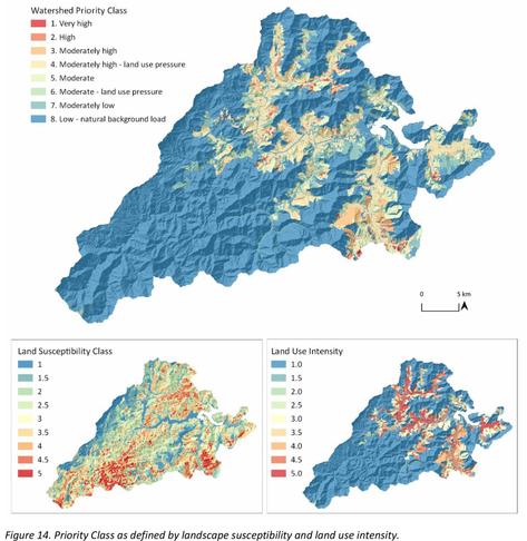 maps - Priority Class as defined by landscape susceptibility and land use intensity.