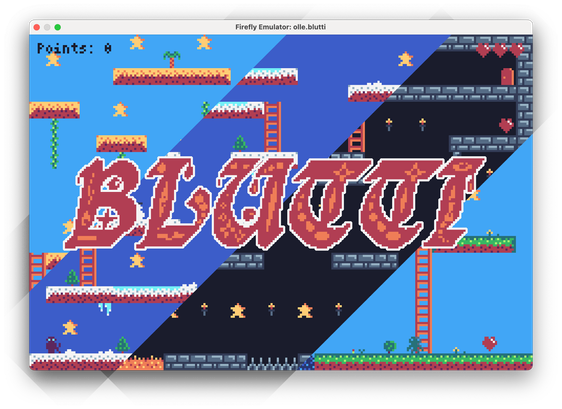 An image with screenshots from an 8-bit game. In the middle there is a large text with the title "Blutti". The image behind the title is split into four diagonal sections, each from a different level in the game. The levels are themed with desert, winter, dungeon and forest.
