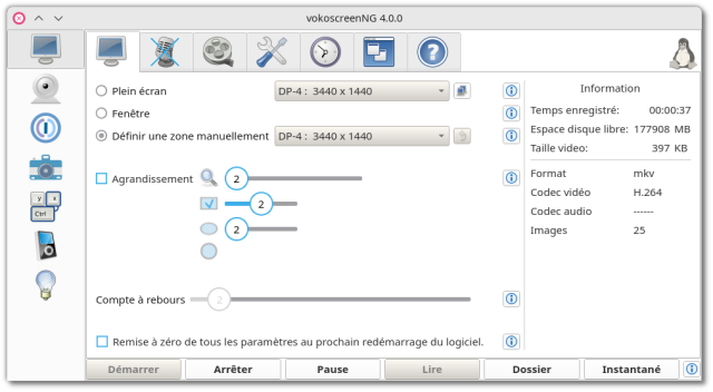 🕶️ A view of its UI with horizontal and vertical tabs, and control buttons at the bottom of the interface.

📚️ vokoscreenNG is a libre, multi-platform and mature screen video capture tool (aka Screencast; for software demonstration for example). It allows recording (in several video formats and codecs, with adjustable stream and quality) of the whole screen, an area or a window, supports a camera (with choice of resolution and some basic effects), audio from several sound sources (in several audio formats), can be called from the systray, provides various tools (magnifying glass, countdown timer, halo around the mouse cursor to make it easier to find it on the screen and to identify the click, redefinition of the call keys), and is translated into 41 languages.
