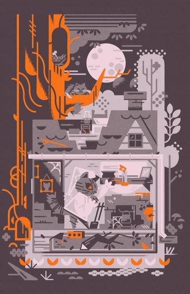 2024 limited color commission

Inside a house, a cat in a night shirt and cap investigates a tree limb that has fallen through their roof