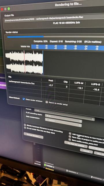 The image displays a computer screen showing a digital audio workstation rendering a FLAC audio file. On the screen, details include the output file path, rendering progress, elapsed and remaining time, as well as audio peak data and settings for the rendering process
