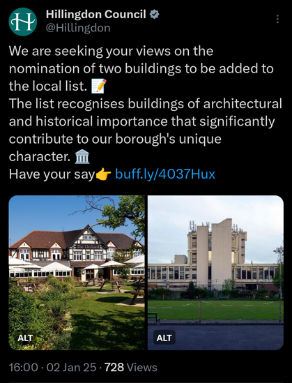 Screenshot of post on Twitter. Pictures are of The Orchard at Fiveways in Ruislip and Hayes North Telephone Exchange.