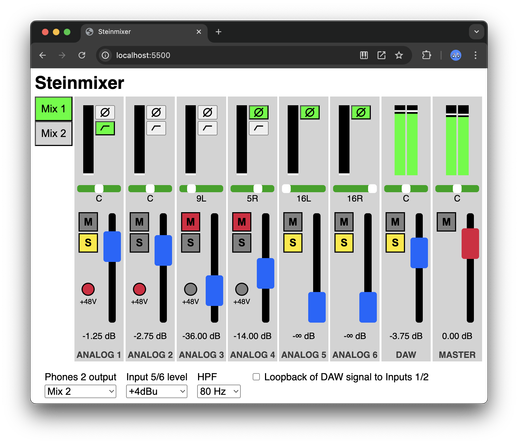 Screenshot of Steinmixer: A mixer app in a browser window, featuring several channel strips for analog input, DAW and master channel.