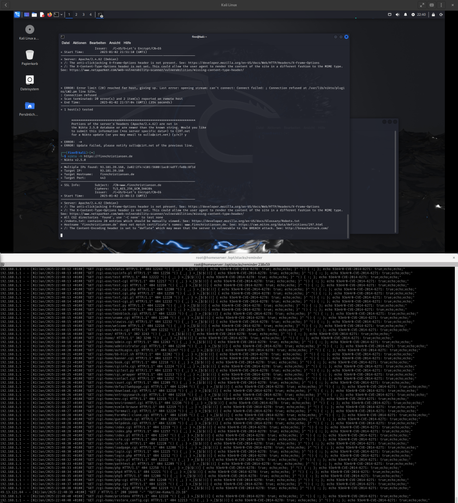 On this screenshot there is a Arch Linux on the upper half showing a terminal running nikto. The bottom half is showing the access logs of the scanned web server.