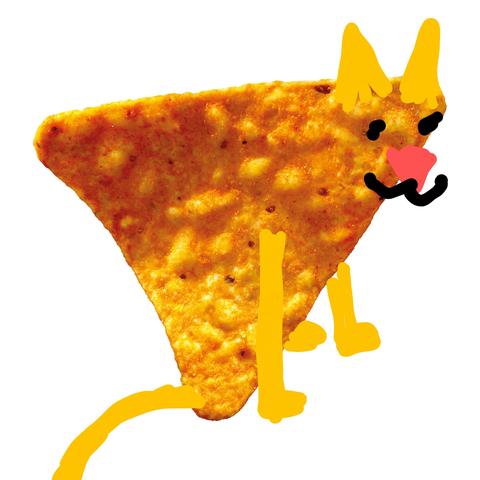 A parody of the original image this is a reply to, showing a Dorito chip with all the important cat-parts drawn on using my phone's markup tool: an orange tail, front legs, back paw, and two ears, along with a red cat nose and black outline of a cat mouth and eyes.