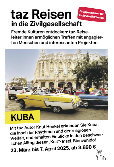 Ganzseitige Anzeige in der TAZ für eine Flugreise nach Kuba.