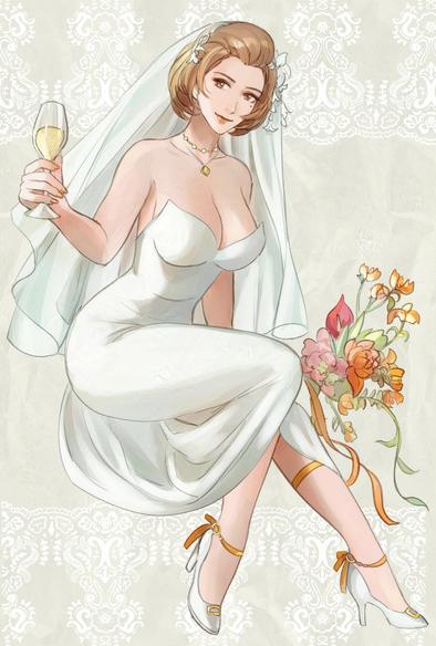Manuela Casagranda with a flute of champagne in a strapless wedding dress and a veil. She has a bouquet of red and orange flowers. The background has lacey details.
