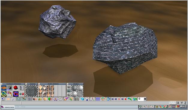 A screenshot of trueSpace 4 running, with some rock objects modelled and textured. The interface is extremely simple with a dozen icons; the polar opposite of Blender.