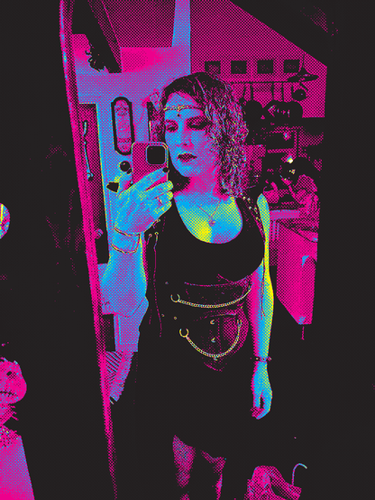 Me, a white woman with curlyish hair wearing a black low-cut dress with a corset, taking a selfie in a mirror. The image has been processed to use mostly black, magenta, cyan, and yellow, and dithered using a halftone pattern like a newspaper.
