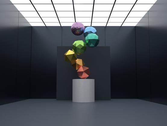 3D render of floating polyhedrons of various colors forming a spiral shape. The scene is lit from above with an array of white LED panels, whose light reflects off the shapes and the enclosing dark-colored semi-reflective walls.