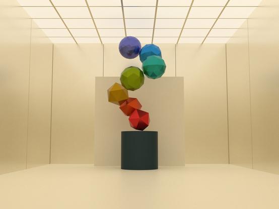 3D render of a minimalist room featuring a central pedestal displaying a vertical spiral arrangement of colorful polyhedrons, all against plain beige background walls. The scene is lit by a grid-patterned array of white LED panels in the ceiling.