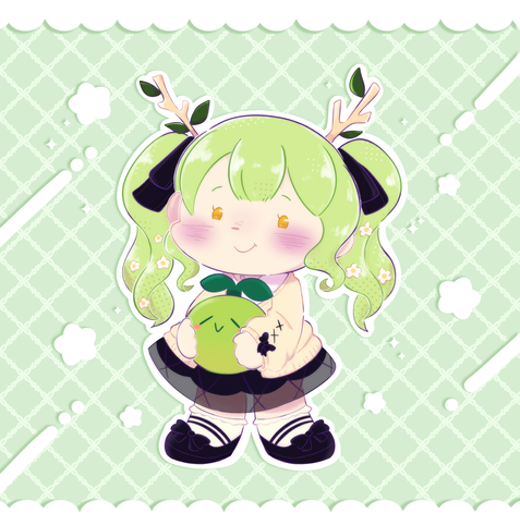 Art of a chibi Ceres Fauna in her jirai kei outfit, holding a sapling in her arms. She is smiling warmly at the viewer. The background is light green with lots of little flowers and sparkles and a lace border.
