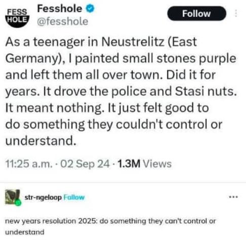 @fesshole
As a teenager in Neustrelitz (East
Germany), I painted small stones purple
and left them all over town. Did it for
years. It drove the police and Stasi nuts.
It meant nothing. It just felt good to
do something they couldn't control or
understand.

new years resolution 2025: do something they can't control or understand