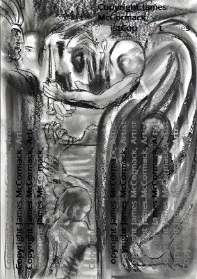 Charcoal on paper.
A condemned man , semi collapsed, surrounded by dark figures holding a bright knife, lit by candlelight.