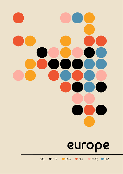 grid map of europe. Each country is represented by a big circle and positioned approximately generating a geometric grid. Each circle is coloured by the first letter of their ISO name. Names are grouped into five categories: A-C (Black), D-G (Yellow), H-L (Red), M-Q (Pink), R-Z (Blue)