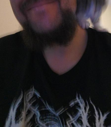 closeup of me wearing a bandshirt (only the upper part of the band logo on it is visible, mainly lines and shapes without a real meaning). A young cat is sitting on my left shoulder and she is moving her head so fast that it is blurry. The half of my face is also on the picture, I'm smiling and there's a beard on my chin